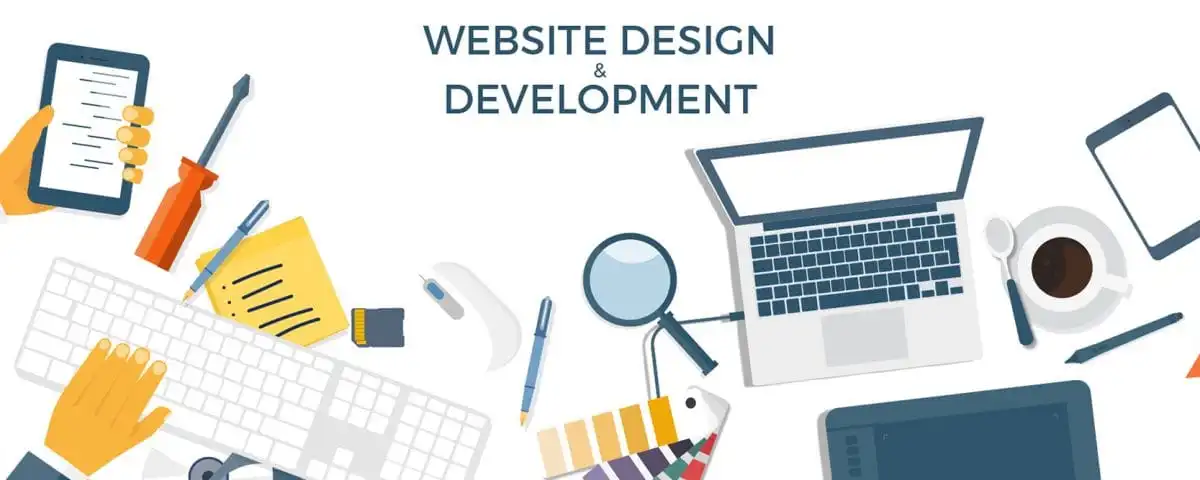 Illustration showing a web designer working on a computer screen, creating a responsive website layout with various design tools, coding symbols, and user interface elements, representing the process of web design and development.