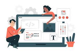 Illustration of a modern web design layout featuring a responsive website on a desktop, tablet, and smartphone screen, showcasing clean lines, vibrant colors, and user-friendly navigation elements.