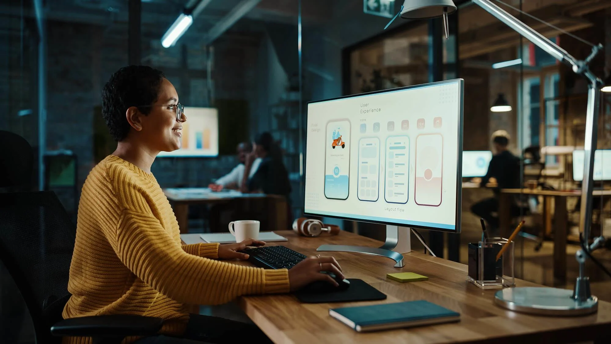 Creative workspace of a web designer, featuring a computer screen with wireframes, color swatches, and design software tools, emphasizing the planning and visual design phase.